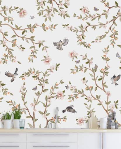 mural de papel de parede chinoiserie com rosas e pássaros