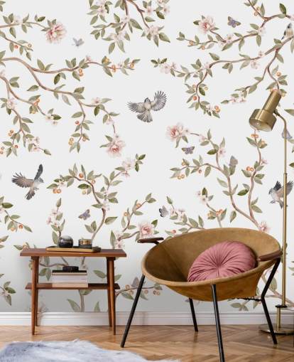 mural de papel pintado de chinoiserie con rosas y pájaros mural de papel pintado de chinoiserie con rosas y pájaros