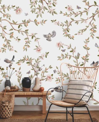 mural de papel de parede chinoiserie com rosas e pássaros mural de papel de parede chinoiserie com rosas e pássaros