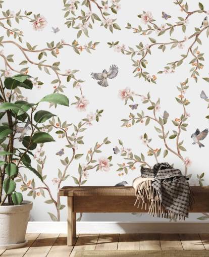 mural de papel de parede chinoiserie com rosas e pássaros