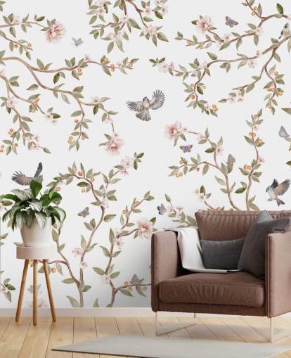 papier peint mural chinoiserie avec des roses et des oiseaux