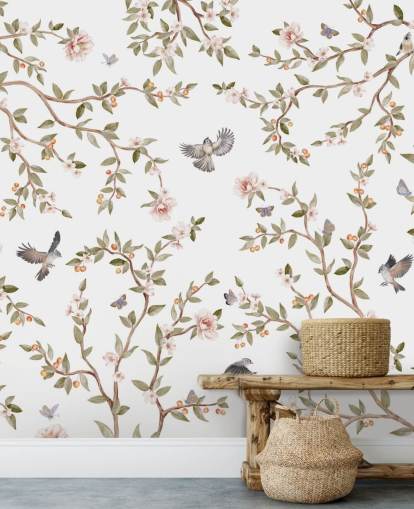chinoiserie tapet väggmålning med rosor och fåglar