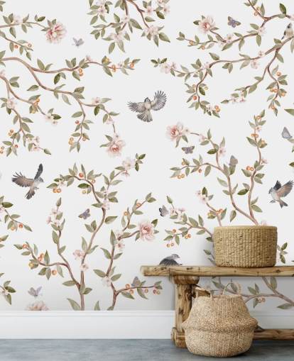 chinoiserie tapet vægmaleri med roser og fugle