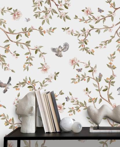 mural de papel pintado de chinoiserie con rosas y pájaros
