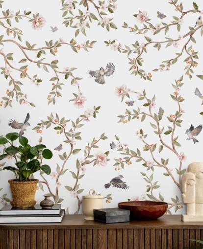 chinoiserie tapetti seinämaalaus ruusuilla ja linnuilla