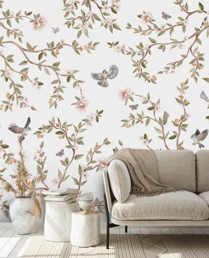 chinoiserie wallpaper mural with roses and birds