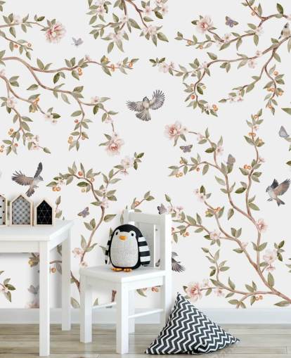 chinoiserie behangmuurschildering met rozen en vogels