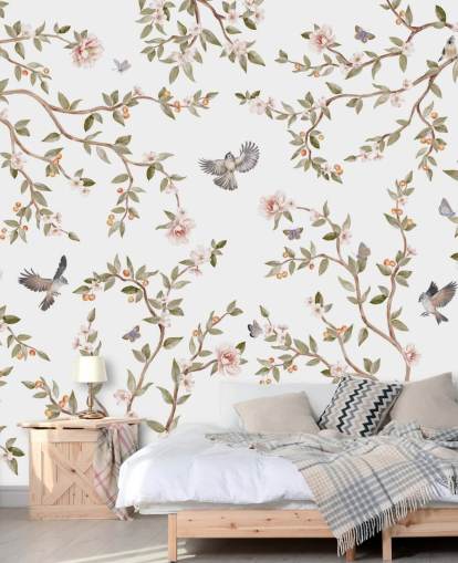 chinoiserie tapet väggmålning med rosor och fåglar chinoiserie tapet väggmålning med rosor och fåglar