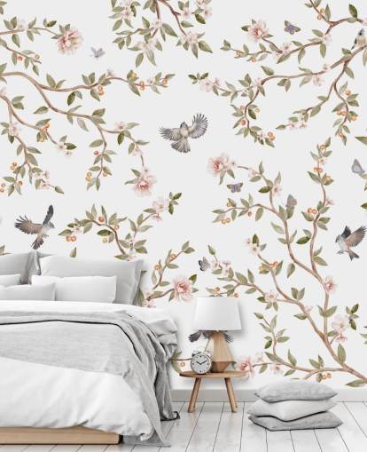 chinoiserie behangmuurschildering met rozen en vogels chinoiserie behangmuurschildering met rozen en vogels