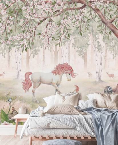 unicorns in forest wallpaper mural