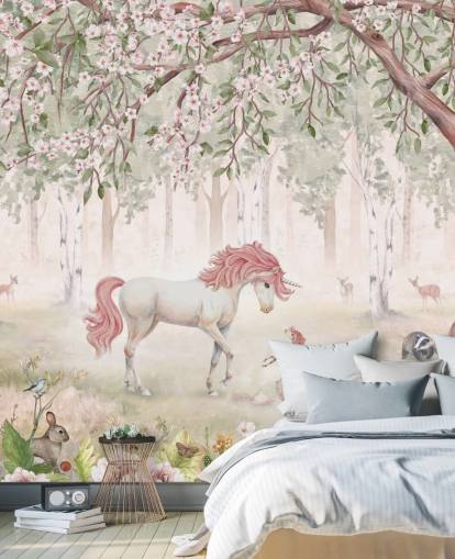 unicorns in forest wallpaper mural