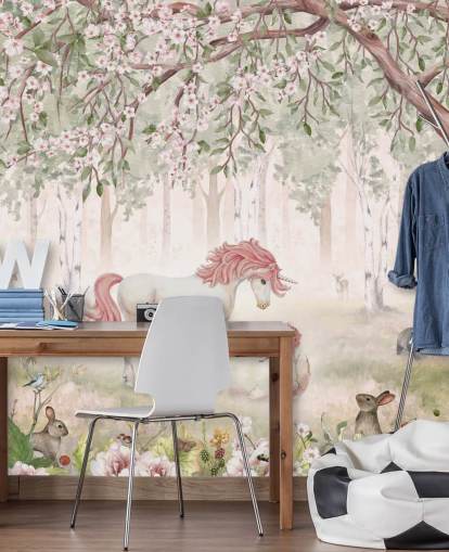 enhörningar i skog tapetväggmålning