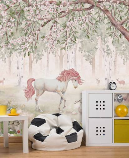 Carta da parati murale con unicorni nella foresta