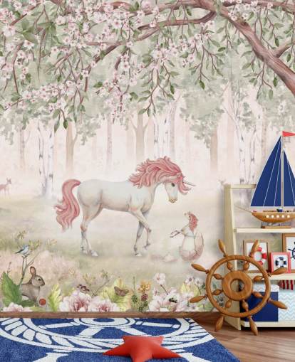 unicorns in forest wallpaper mural