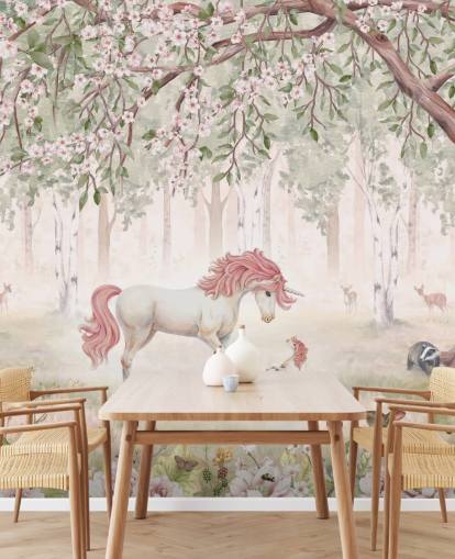 mural de papel pintado de unicornios en el bosque