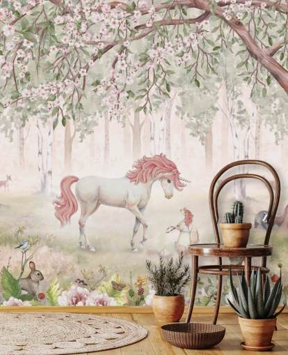 mural de papel pintado de unicornios en el bosque