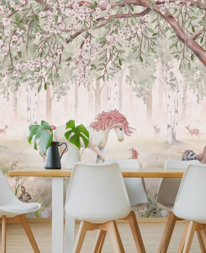 mural de papel pintado de unicornios en el bosque