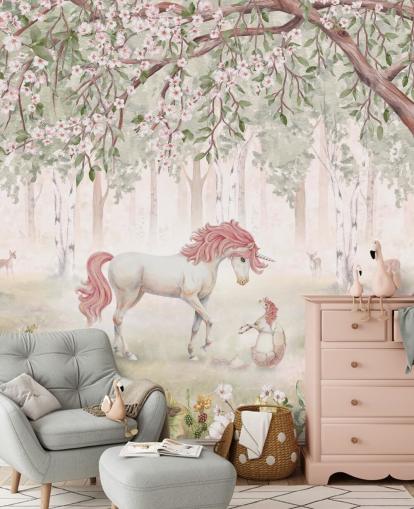 mural de papel pintado de unicornios en el bosque