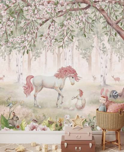 unicorns in forest wallpaper mural