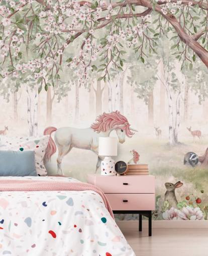 unicórnios no mural de papel de parede da floresta