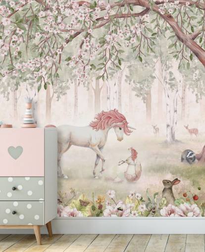 mural de papel pintado de unicornios en el bosque