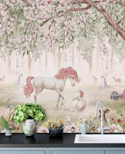mural de papel pintado de unicornios en el bosque mural de papel pintado de unicornios en el bosque