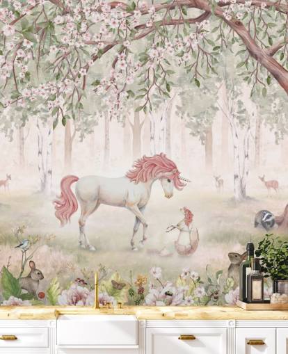 unicorns in forest wallpaper mural