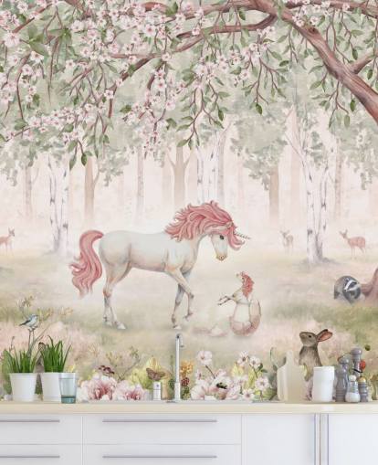 mural de papel pintado de unicornios en el bosque