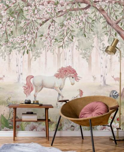 unicorns in forest wallpaper mural