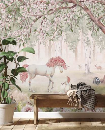 Carta da parati murale con unicorni nella foresta Carta da parati murale con unicorni nella foresta