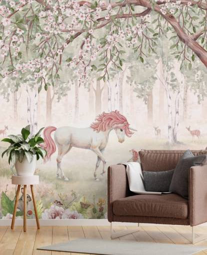 mural de papel pintado de unicornios en el bosque