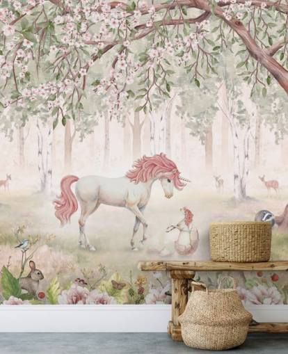 unicorns in forest wallpaper mural