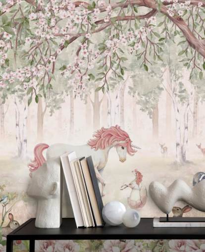 mural de papel pintado de unicornios en el bosque