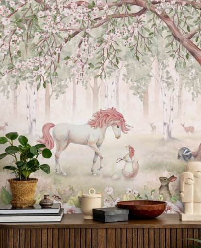 unicorns in forest wallpaper mural