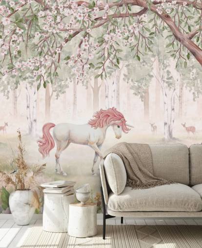 unicorns in forest wallpaper mural