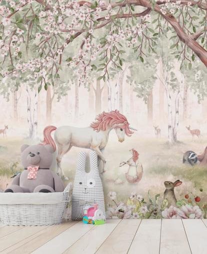 mural de papel pintado de unicornios en el bosque mural de papel pintado de unicornios en el bosque