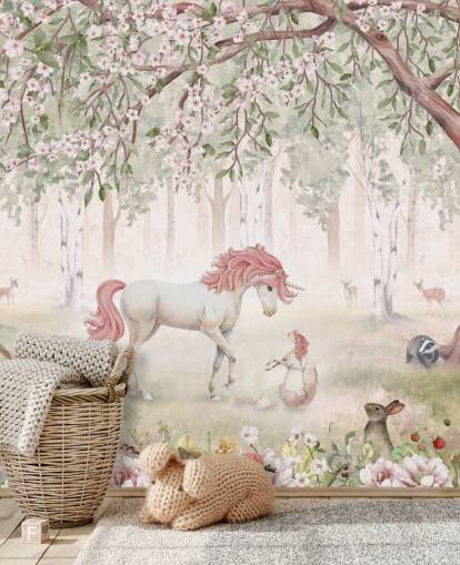 unicorns in forest wallpaper mural