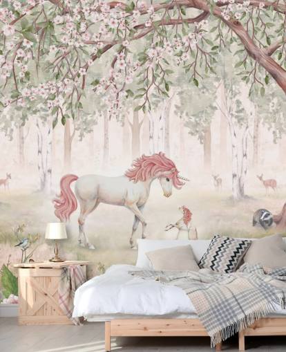 mural de papel pintado de unicornios en el bosque