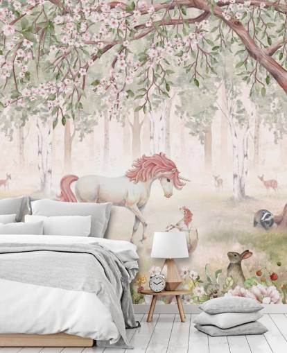 unicorns in forest wallpaper mural