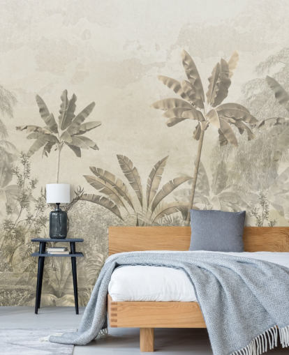 custom greige vintage jungle landscape wallpaper mural