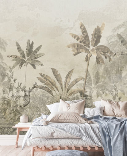 carta da parati murale personalizzata con paesaggio della giungla vintage greige