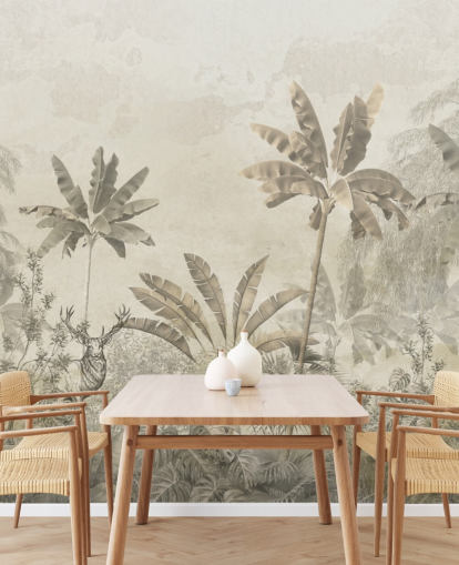 mural de papel de parede de paisagem de selva vintage cinza personalizado