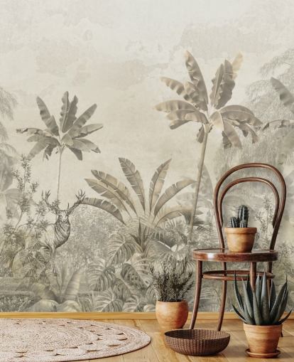 custom greige vintage jungle landscape wallpaper mural