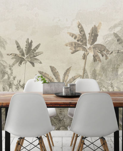 mural de papel pintado de paisaje selvático vintage greige personalizado