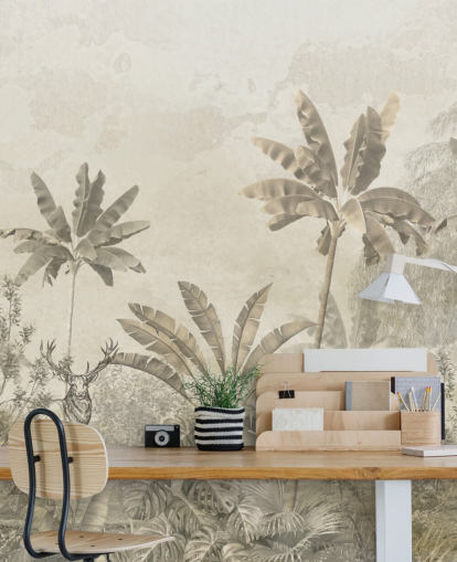 custom greige vintage jungle landscape wallpaper mural