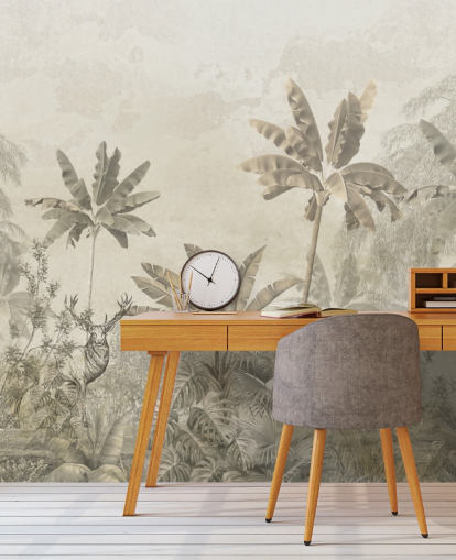 mural de papel de parede de paisagem de selva vintage cinza personalizado