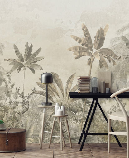 mural de papel pintado de paisaje selvático vintage greige personalizado
