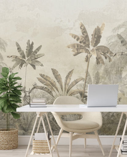 papier peint mural personnalisé de paysage de jungle vintage greige