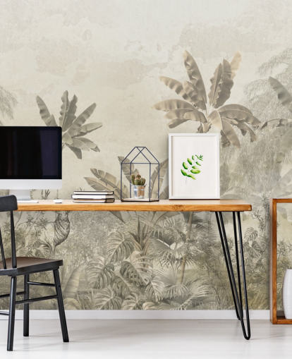 papier peint mural personnalisé de paysage de jungle vintage greige