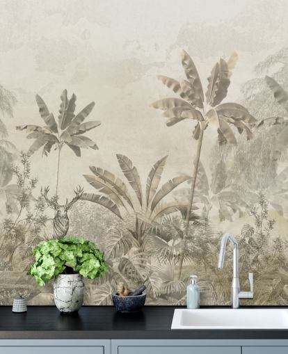 op maat gemaakte greige vintage jungle landschap behangmuurschildering